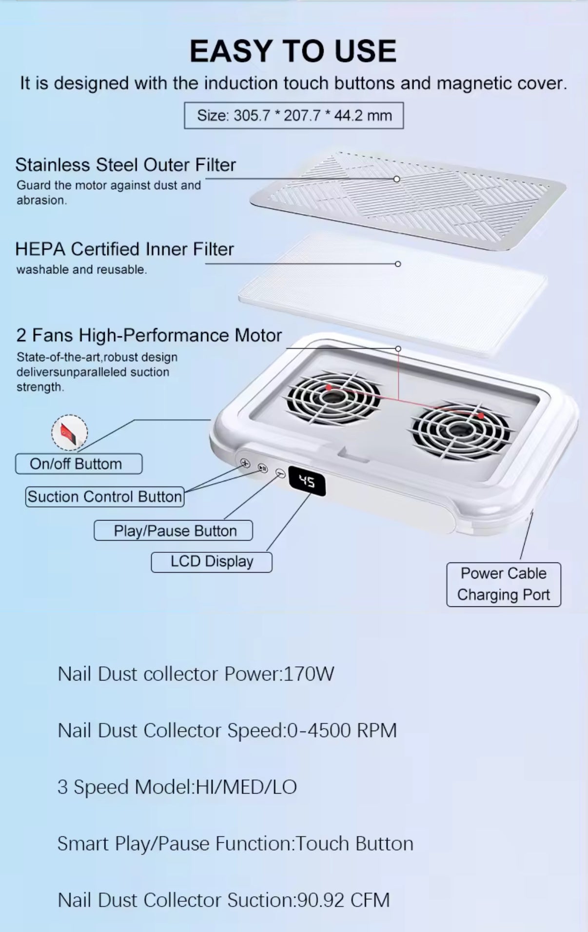 Super Strong Nail Dust Collector - Double Turbine Fan 4500RPM