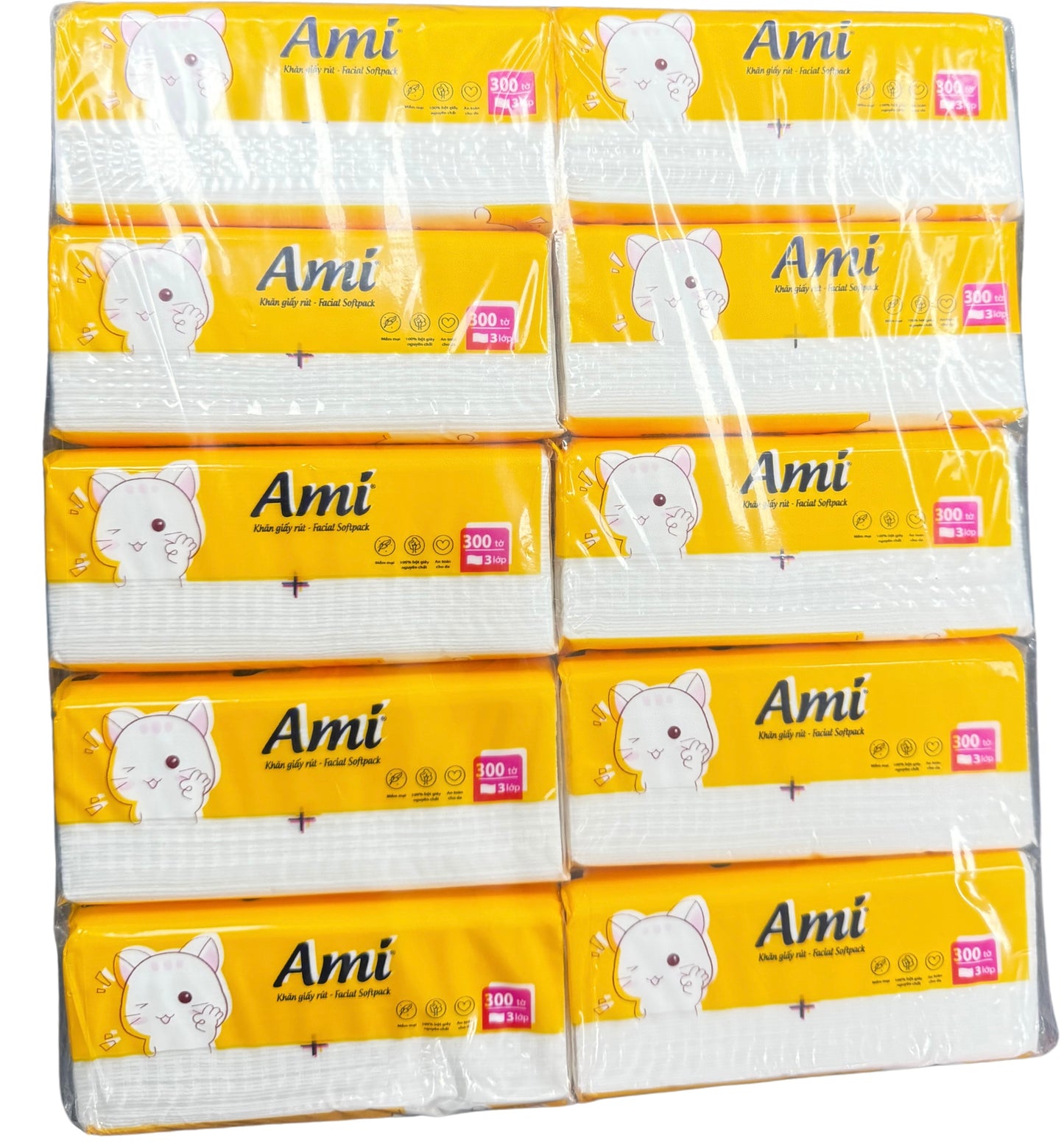 3 Plys Ami Soft Pack Facial Tissues - 300 sheets x 10 packs