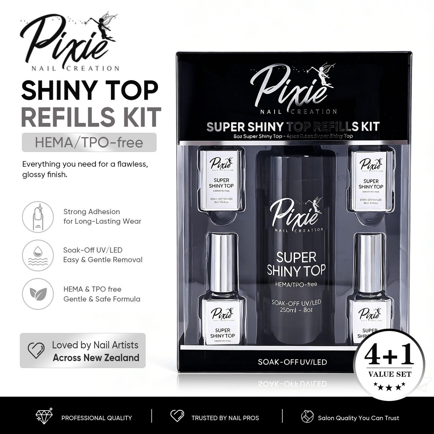 PIXIE | SUPER SHINY NO WIPE TOP COAT REFILL BUNDLE 250ml + FREE 4x15ml (HEMA/TPO-free)