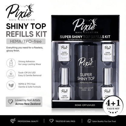 PIXIE | SUPER SHINY NO WIPE TOP COAT REFILL BUNDLE 250ml + FREE 4x15ml (HEMA/TPO-free)