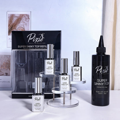 PIXIE | SUPER SHINY NO WIPE TOP COAT REFILL BUNDLE 250ml + FREE 4x15ml (HEMA/TPO-free)