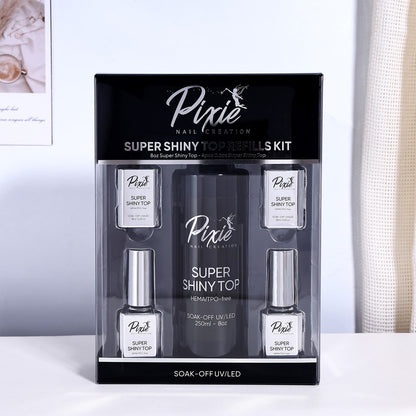 PIXIE | SUPER SHINY NO WIPE TOP COAT REFILL BUNDLE 250ml + FREE 4x15ml (HEMA/TPO-free)