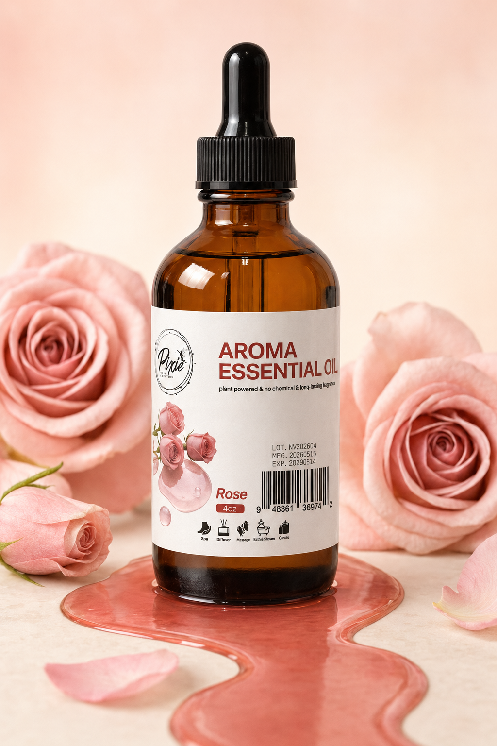 PIXIE |PREMIUM AROMA ESSENTIAL OIL FOR LUXURY PEDICURE  - ROSE - 4OZ