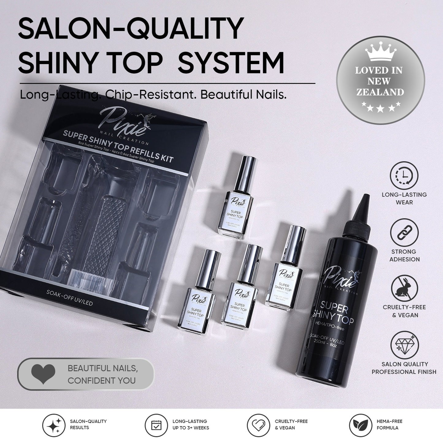 PIXIE | SUPER SHINY NO WIPE TOP COAT REFILL BUNDLE 250ml + FREE 4x15ml (HEMA/TPO-free)
