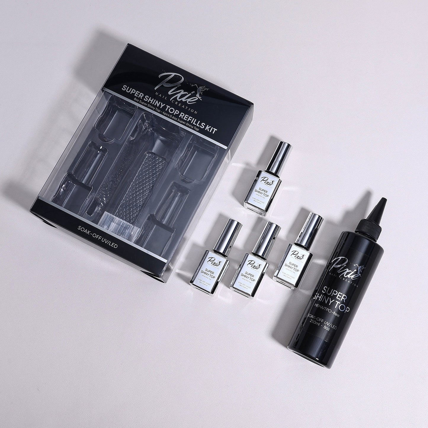 PIXIE | SUPER SHINY NO WIPE TOP COAT REFILL BUNDLE 250ml + FREE 4x15ml (HEMA/TPO-free)
