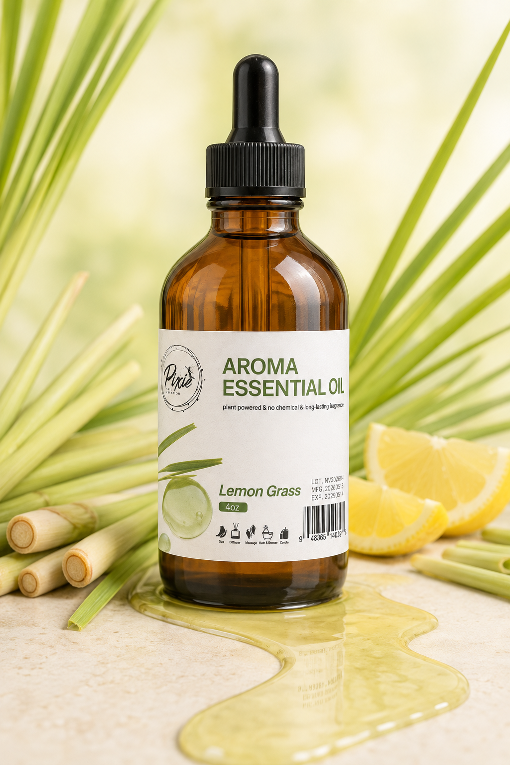 PIXIE | PREMIUM AROMA ESSENTIAL OIL FOR LUXURY PEDICURE  - LEMON GRASS - 4OZ