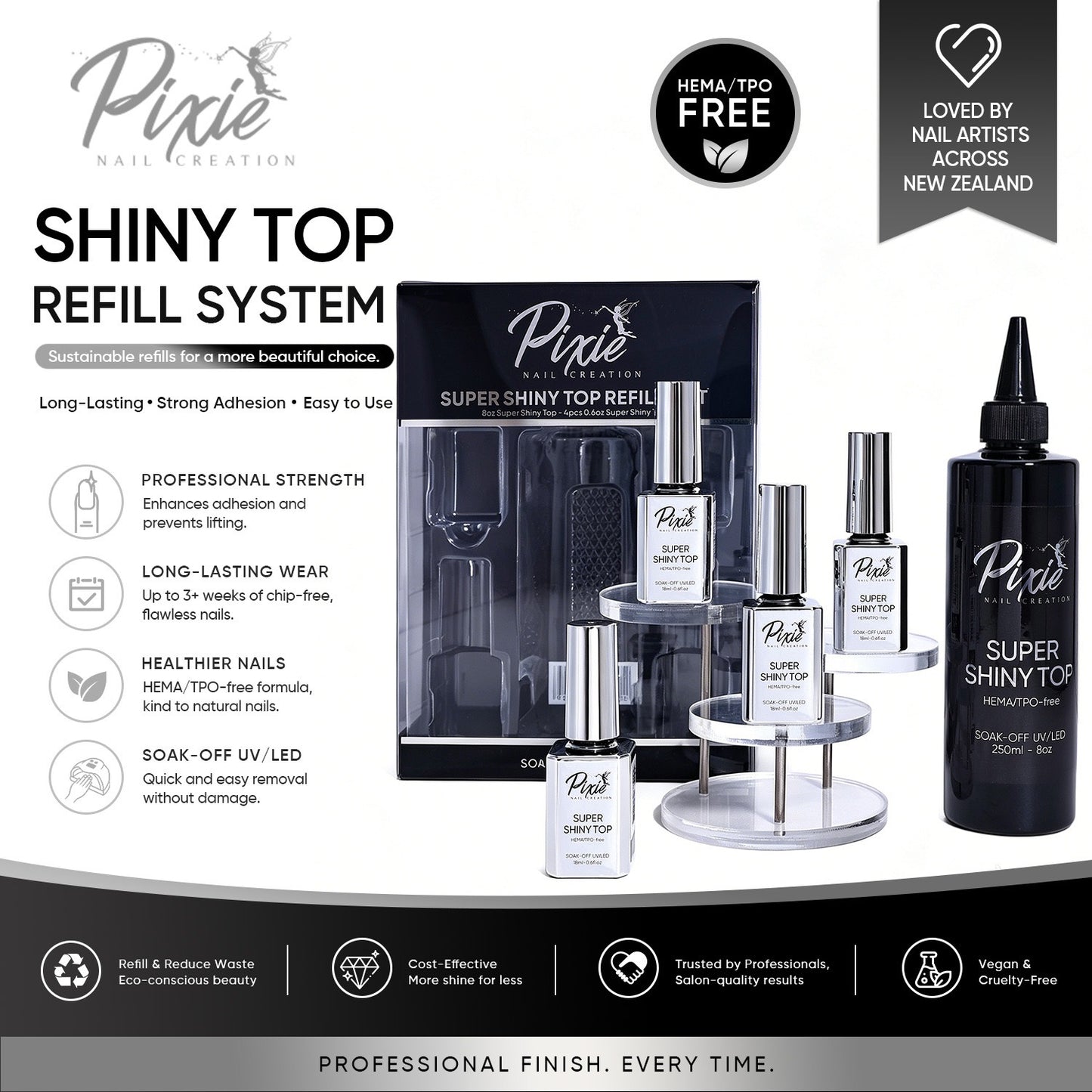 PIXIE | SUPER SHINY NO WIPE TOP COAT REFILL BUNDLE 250ml + FREE 4x15ml (HEMA/TPO-free)