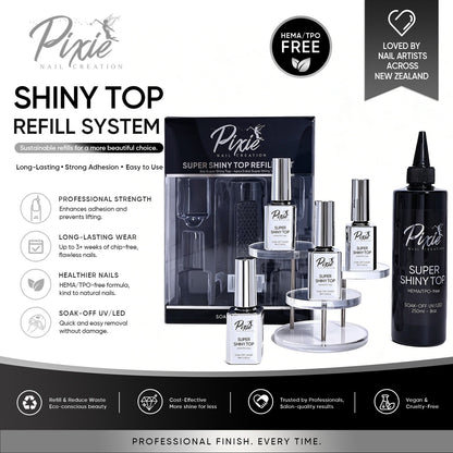 PIXIE | SUPER SHINY NO WIPE TOP COAT REFILL BUNDLE 250ml + FREE 4x15ml (HEMA/TPO-free)